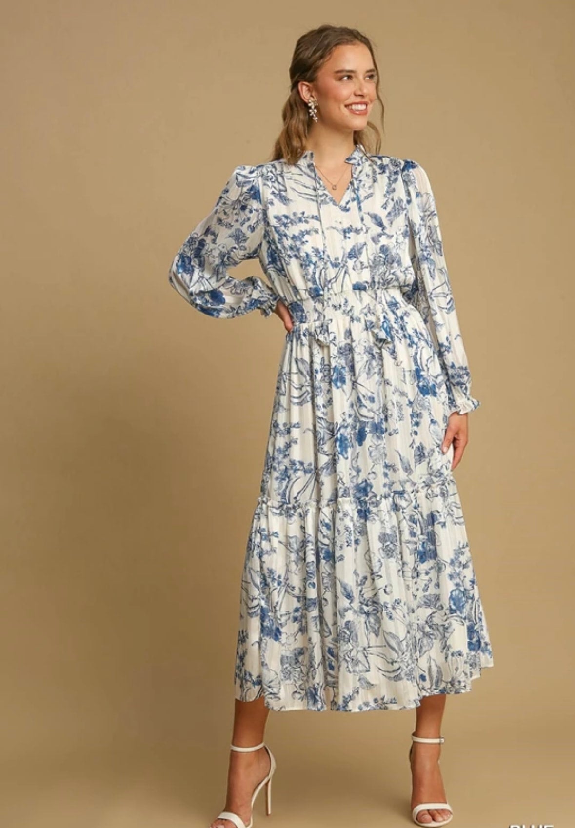 Blue and cream Lurex midi dress